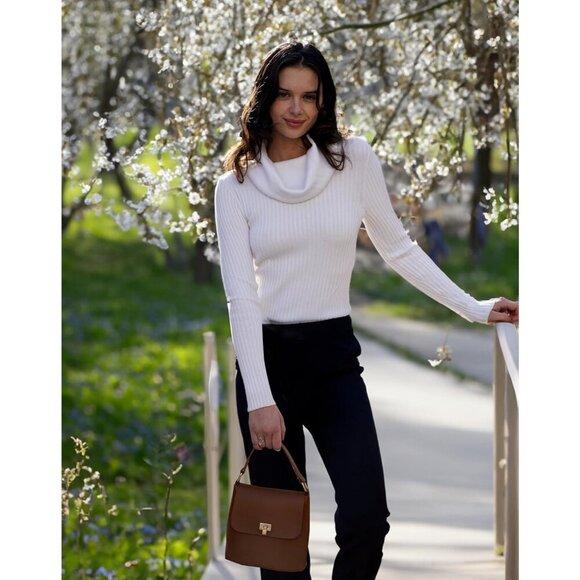 Women’s Cowl Neck White Stretchable Knit Long Sleeve Bodycon Sexy Sweater - Picture 4 of 6